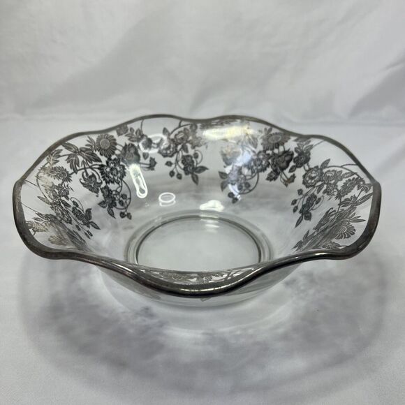 unbranded Other - Vtg Clear Glass SILVER OVERLAY LG SERVING BOWL Ruffled Edge FLORAL Lattice OLD